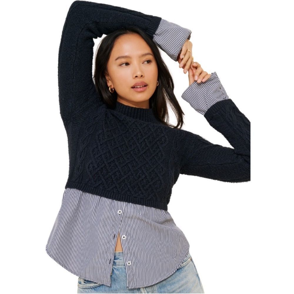 ANTHROPOLOGIE | MAEVE Navy Blue Cable Knit Sweater Layered Shirt Women’s Size XS